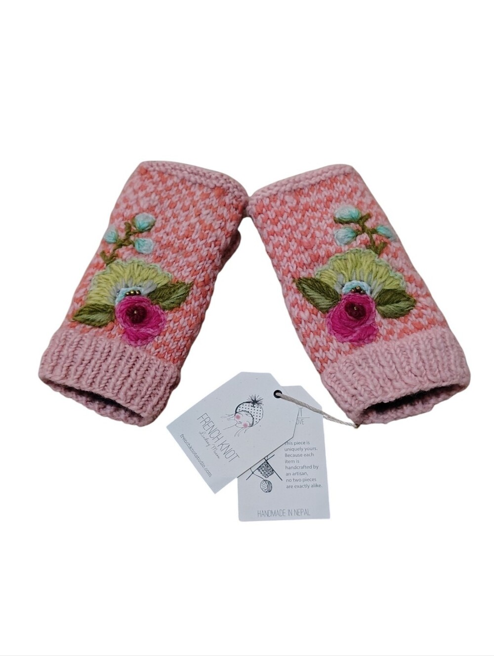 NWT FRENCH KNOT FINGERLESS GLOVES FLEECE LINED MADE IN NEPAL